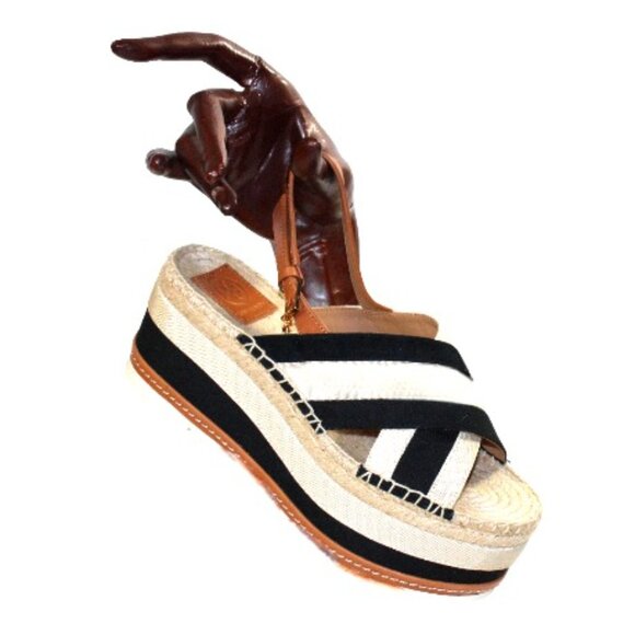 Tory Burch Grosgrain Ribbon Cream And Black Sling Back Platform Sandal, Size 8 - Picture 2 of 11